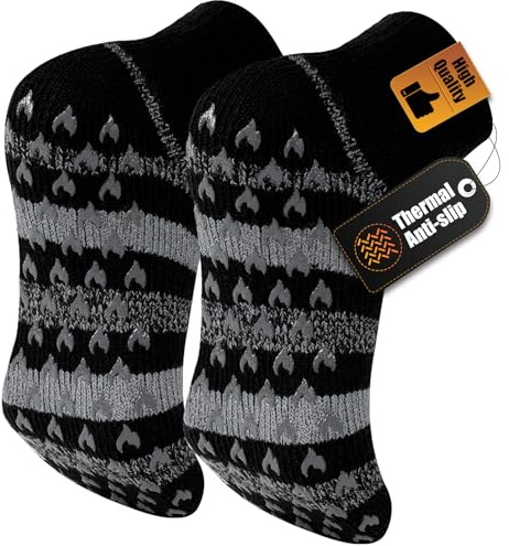SukModen Men's Thermal Slipper Socks, 1 Pair, Non Slip Winter Warm | Thick fleece lining and chunky knit provide cosy warmth for cold winter days; flame-shaped sole grips add traction at home.