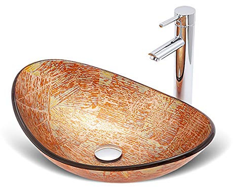 Lavandino da appoggio Artistico Dipinto a Mano in Vetro temperato, da Bagno, a Forma di Uovo, con Rubinetto in Rame, per la Decorazione di c