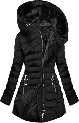 Kmrlofiy Manteau Femme Longue Matelassé Polaire Doublé Manteau Outercoat Hiver Veste Épais Chaud Parka En Peluche Blouson Cardigan à Capuche Elégant Veste avec Zippé et Poches (Noir, L)