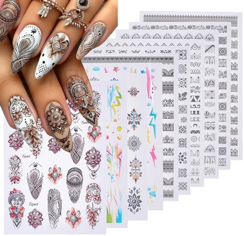 NICENEEDED 10 Hoja de Pegatinas para Uñas Estilo Boho Vintage, Calcomanías Autoadhesivas para Uñas Estilo Bohemio Tótem 3D Suministros de Uñas Coloridos con Motivos