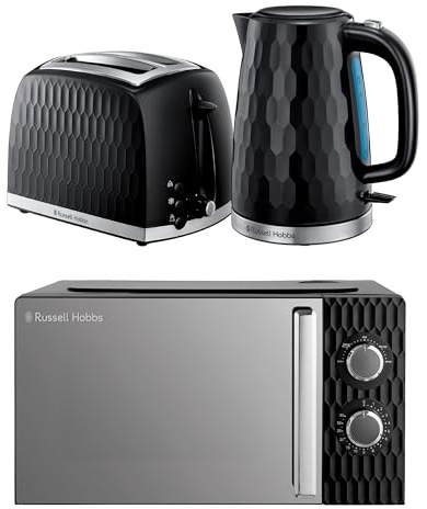 Russell Hobbs Honeycomb Black Kitchen Set, 1.7L 2400W Kettle, 2 Slice Toaster with Dual Browning Levels & 17L 700W Microwave with 5 Power Levels, Defrost & Reheat Functions HCBNDL2B