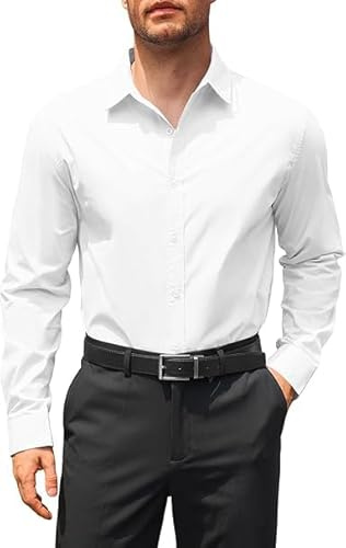 Runcati Camicia da uomo a maniche lunghe, vestibilità normale, da lavoro, da uomo, tinta unita, in cotone, per il tempo libero, formale Button Down, bianco, XL