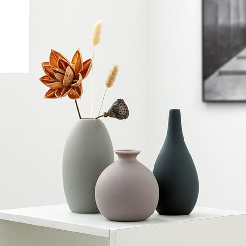 Juego de 3 Jarrones de Cerámica,Jarrones Deco Estética Neutra Boho Floreros Deco Escandinavos,decoración Moderna de la casa de Campo,para la Sala de Estar,el Estante (Morandi)