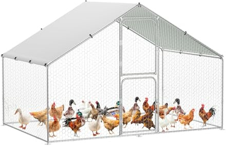 Heavy Duty Walk-In Metal Chicken Coop Run – Galvanized Steel Poultry Cage with Waterproof UV-Resistant Cover, Double Lockable Doors, Peaked Roof, For Backyard Chickens, Hens & Ducks, 9.8'x6.5'x 6.5'