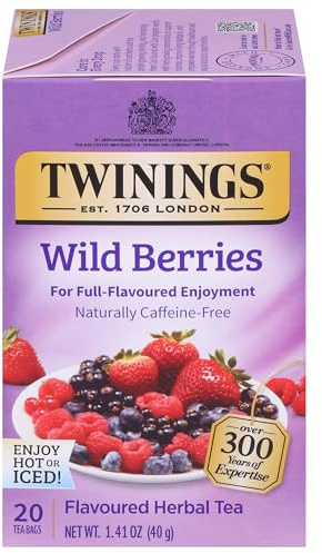 Twinings Wild Berries Herbal Tea Individually Wrapped Bags, 20 Count (Pack of 1), Full-Flavoured, Naturally Caffeine-Free, Enjoy Hot or Iced, 20 Teabags
