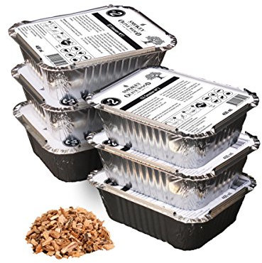 Smokey Olive Wood 6x400ml, virutas de Madera de Olivo para Barbacoa & ahumar, Talla 5mm - 1cm, Listo para su fácil Uso, en Bandeja de Aluminio