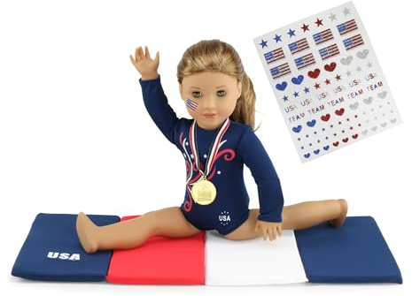 Emily Rose 18 Inch Doll Gymnastics Outfit 4-Piece Gymnast Playset | Leotard, Tumbling Mat, Gold Medal & Face Stickers | USA Brand, Premium Quality 18” Doll Clothes & Accessories