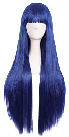 MapofBeauty 32 80cm Long Straight Anime Costume Cosplay Wig Party Wig (Dark Blue/Black)