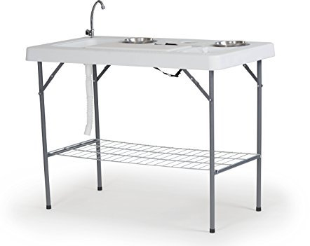 Old Cedar Outfitters Deluxe Fish Fillet Table, or Portable Folding Camping Kitchen with Cutting Board, Bowls, Knife, Odor Bar, Sink, Drain and More! 49.8 x 25.6 x 37.2, White,Camp
