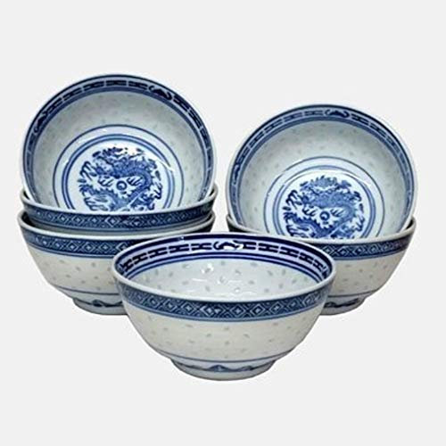 Cookware company Lot de 6 petits bols à riz en porcelaine chinoise orientale décorée bleu et blanc 11,5 cm de diamètre et motif de riz profond en céramique de qualité garantie