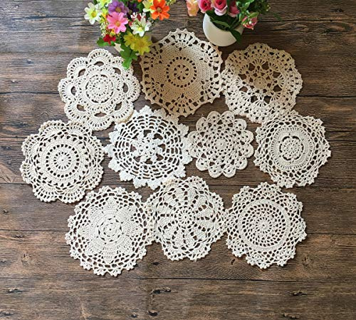 MINDPLUS Lot de 10 Napperons en Crochet à la Main Napperons en Dentelle au Crochet en Coton Napperon de Table 15 à 17 cm Rond Beige Vintage Mariage Tea Party (Beige)