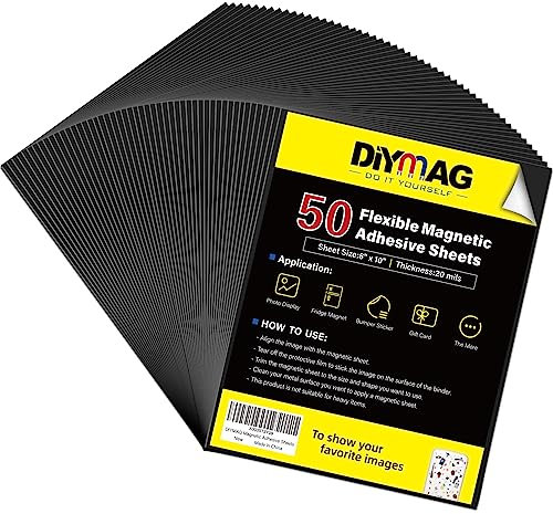 DIYMAG Magnetische Klebeblätter, 20,3 x 25,4 cm, 50 Stück, magnetische Blätter mit selbstklebender Rückseite, flexible Magnetblätter für Bastelarbeiten, Fotos und Matrizenaufbewahrung, einfach zu