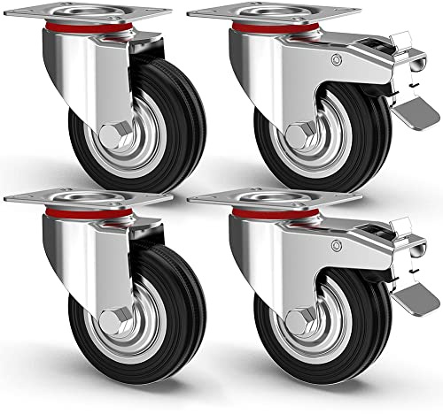BAKAJI Set da 4 Ruote per Carichi Pesanti 125mm, Ruote Piroettanti in Ferro per Mobili e Materiali, con Freno, Uso Interno ed Esterno, Rotelle Piroettanti Ideali per Fai da Te,Lavori Manuali (125 mm)