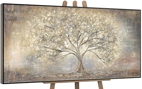 YS-Art Quadro Dipinto a Mano – Albero della Vita Oro, Acrilico Materico su Tela Incorniciato, Decorazione Parete Elegante per Soggiorno e Camera 100x50 cm