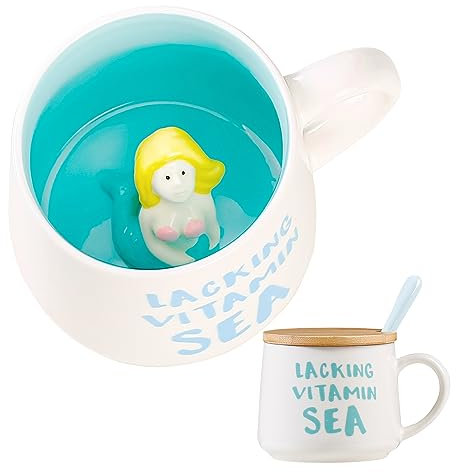 BigNoseDeer Cute Mermaid Coffee Mug Tea Cup Ceramic Coffee Cups with Lid and Spoon Kawaii Stuff Cute and Funny Mugs Cute Gifts Christmas Gifts Mermaid Birthday Gifts For Women (12oz) (325)