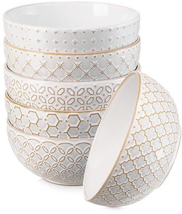 DOWAN 680 ml Schüssel-Set Müslischalen 6er Pack, 800ml Große Suppenschüsseln aus Steingut mit Relief, Φ15.2cm Tiefe Servierschalen für Salat, Pho, Obst, Nudeln, Ramen | Vintage Weiß