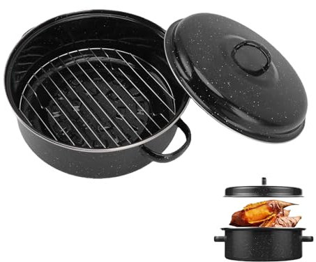 Asador Redondo Con Tapa, Bandeja Para Asar Con Rejilla, Olla Para Barbacoa Negra, Bandeja Para Asar Con Tapa, Bandeja Para Asar Antiadherente Con Tapa Y Estante Para Batatas Asadas Y Castañas(26cm)
