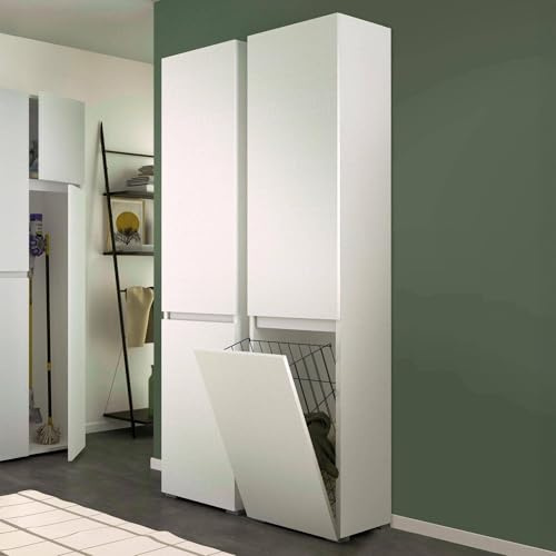 Dmora - Mehrzweck-Kleiderschrank mit 2 Türen Agapanto, Wäscheschrank mit 2 Türen, Badezimmersäule mit Wäschekorb, 100% Made in Italy, 45 x 37 x 195 cm, Weiß