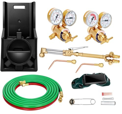 17 Piece Medium Duty Oxy Acetylene Gas Welding Outfit Tote Kit without Tanks with CGA540 Oxygen Regulator and CGA200 Acetylene Regulator for Welding,Cutting, Brazing and Heating