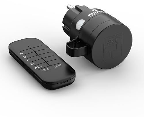 Perfect prese di corrente radiocomandate con telecomando da esterno, 1 x presa di corrente con radiocomando, 2300 Watt, 230V set da esterno, portata 30m, IP44, risparmio energetico,Nero