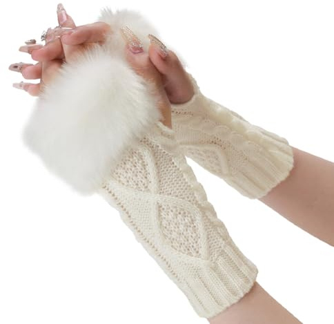CABODYALS 2 Pairs White Furry Fingerless Gloves Arm Warmers Winter Knitting Soft Thumb Hole with Faux Fur Hand Wrist Warmer Knit Crochet Gloves Mittens for Women Typing Driving