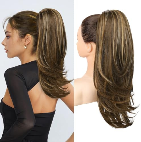 Flufymooz Ponytail Extension, 50 cm Pferdeschwanz Haarverlängerung mit Kordelzug für Frauen weiches, natürlich aussehendes synthetisches Pferdeschwanz Haarteil-Dunkelbraun mit Dunkelblond
