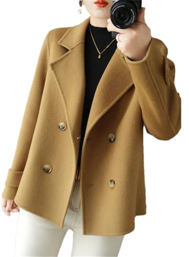 Hndudnff Cappotto di lana da donna a doppio petto cappotto di lana da ufficio cappotto di lana corto sottile tinta unita, Marrone e grigio., XL