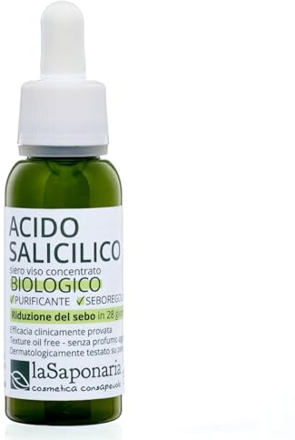 La Saponaria | Acido Salicilico Siero Viso Biologico, Trattamento Purificante e Seboregolatore, Ideale per Pelle Grassa e Mista, Riduce l’Eccesso di Sebo, AntiImperfezioni e Lucidità, 30ml