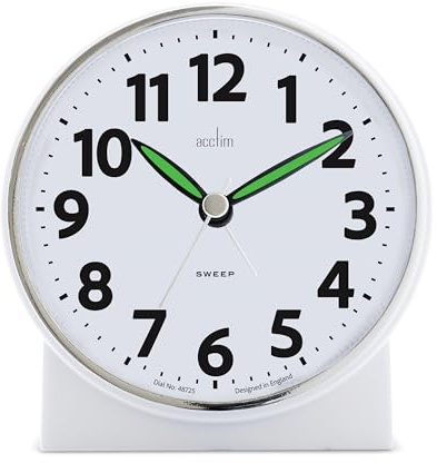 Acctim Micah Alarm Clock, Analogue Display, Non-Ticking, Blue LED Backlight, White (Pearl White)