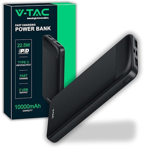 V-TAC Power Bank 10000 mAh avec Charge Rapide PD 22.5 W - PowerBank Chargeur Batterie Externe avec Port USB Type-C et 2 Ports USB-A - Compatible iPhone, iPad, Samsung, iPad, Xiaomi - Noir