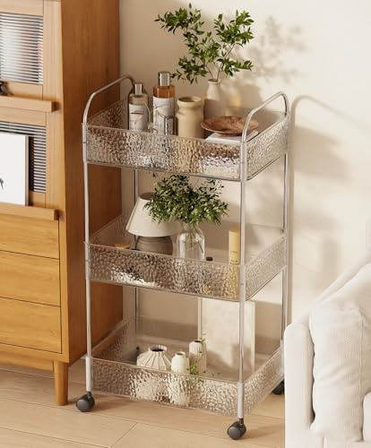CraftGenes 3-Tier Slim Storage Trolley on Wheels with Lock, 36x20x71cm 3D- Bathroom Trolley with Stainless Steel Frame & U-Handle, Narrow Rolling Cart for Bathroom, Office, Bedroom