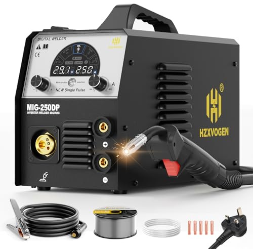 H HZXVOGEN 250A Aluminum Welding Machine, 220V 5 in 1 Professional Welder with Gas/Flux Core MIG/Stick/Lift TIG/Pulse, Synergic Control for Aluminum, Steel Welding, MIG250DP