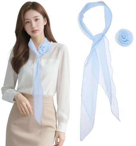 YELARXI Chiffon Scarf for Women, Long Skinny Chiffon Neckerchief with Detachable Rose Flower Light Soft - Fitting for (Hair Ribbon - Headband - Dresses-Bridal Scarve) 47 in & Light Blue