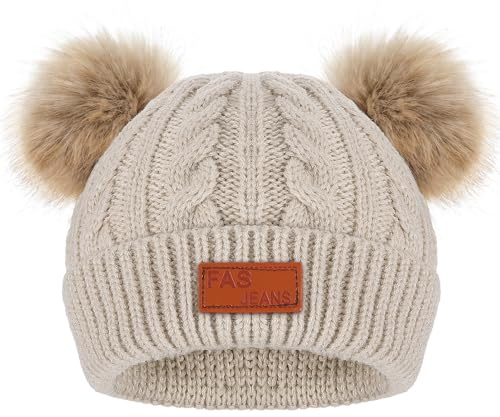 CIATBYYJ Wintermützen Kinder Mädchen, Warme Bommelmütze, Weiche Strickmütze Beanie Mütze Warm Mütze, Süße Wintermütze mit Zwei Bommeln für Mädchen und Jungen(Khaki)