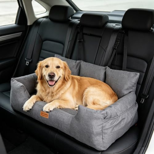 Nobleza Asiento de Coche para Perros Medianos a Grandes, Cinturón de Seguridad Estable,Bolsillos de Almacenamiento, Adecuado para Perros Medianos y Grandes, L92*W50*H40cm, Gris