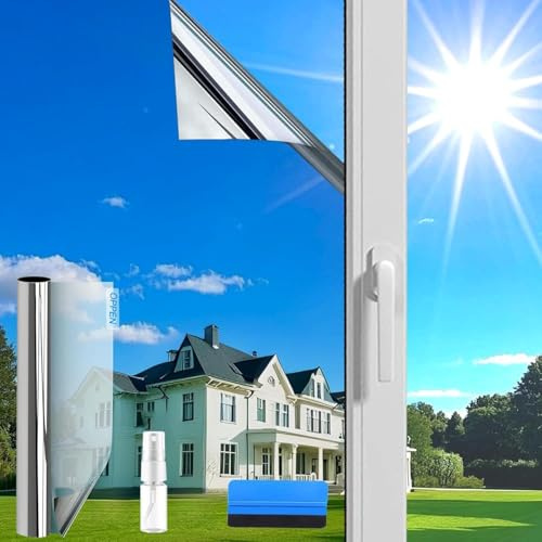 Evofensteere(110X200cm Silver) One Way Window Film Privacy Film,Sun Blocker Anti Glare UV Window Film Self Adhesive for Home and Office with Tools,Heat Reflective Mirror Window Tint Film Anti Glare