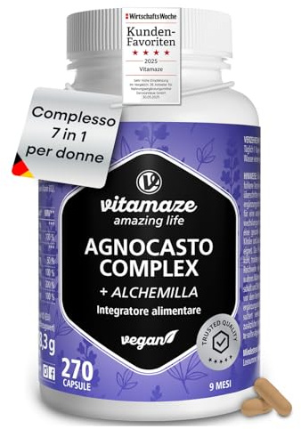 Agnocasto Estratto 15:1, 270 Capsule per 9 Mesi, con Vitamina C, Zinco, Vitamina B6, B9 e B12, Acido Folico Bioattivo, Per Ciclo Mestruale, Equilibrio Femminile, 1 Capsula al Giorno, Vitamaze