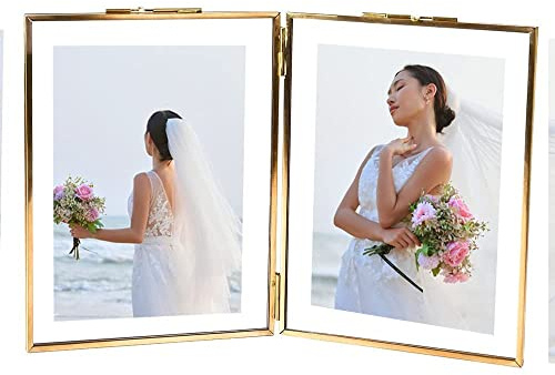 SWTHONY Double Folding 4x6 Brass Picture Frames Gold Vintage Style Glass Photo Frame Tabletop Memorial Picture Frame for Pressed Flowers Artwork Certificate Plants Specimen