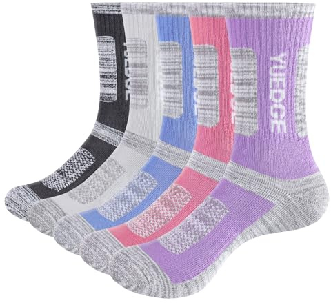 YUEDGE Women's Wicking Breathable Cushion Anti Blister Casual Crew Socks Walking Athletic Sports Socks for Women 4-7, 5 Pairs