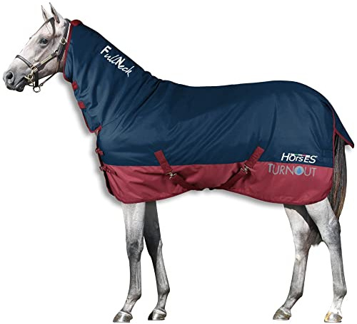 Horses, Coperta da Paddock per Cavallo Turnout Full Neck 400gr, Impermeabile, con il Copricollo Fisso, Resistente, con Cinghie ad Incrocio, Blu/Bordeaux 135 cm