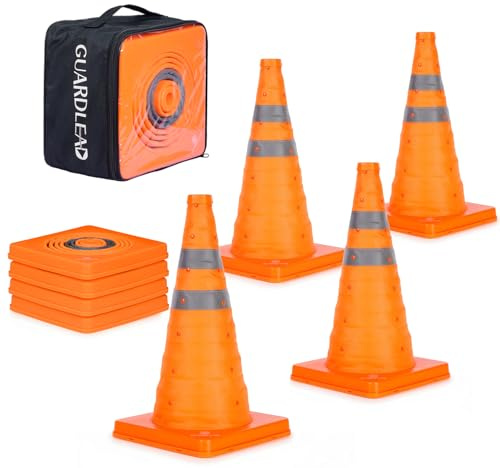 4-pack 45 cm (18 tum) hopfällbara trafikkoner, trafiksäkerhetskoner med reflekterande krage, GUARDLEAD trafikkon för trafik- och säkerhetstillämpningar