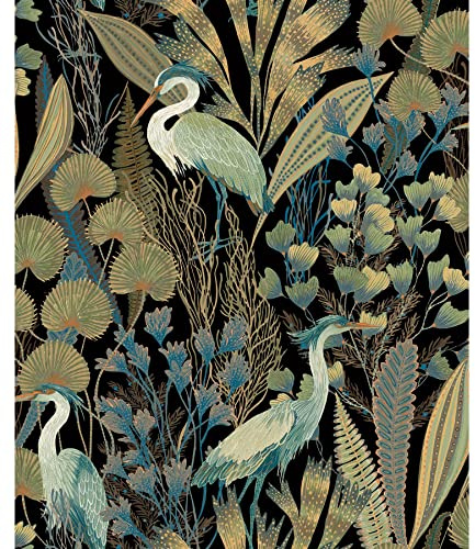 Grandeco Tropical Crane Black Textured Wallpaper