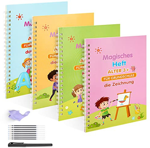funvce Klein Deutsch Magisches Heft, 4 Stück Magisches übungsheft 18.5x13cm, Wiederverwendbares Magische Schreiblernheft kaligrafieset mit Stift für kinder, Schreiben Lernen Vorschule