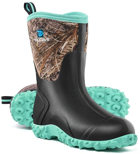Trudave Rubber Boots for Women with Steel Shank, 6mm Neoprene Mid Calf Rain Boots, Waterproof Insulated Mud Work Boots All Season, Green, Size 7