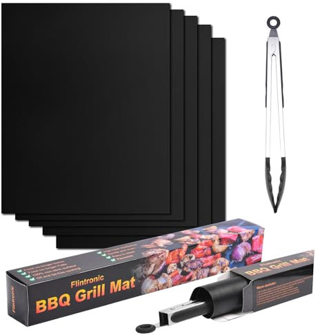 Flintronic BBQ Grill Mat Set, 40 x 32cm Grill Mats Non Stick Reusable with BBQ Tongs and Silicone Brush, Baking Mats Easy to Clean for Baking on Gas, Charcoal, Oven and Electric Grills