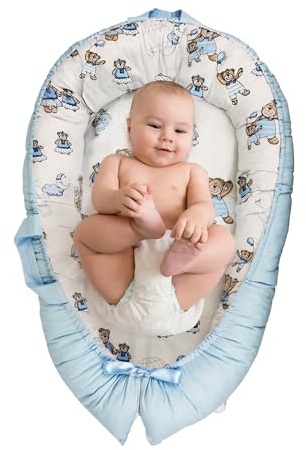 Babilo Newborn Baby Nest Pod Lounger with 100% Cotton, Washable, Safe & Breathable Fabric – Comfortable Portable Bed for 0-12 Months – Unisex, Ideal for Home, Travel & Baby Essential Gift (Blue)
