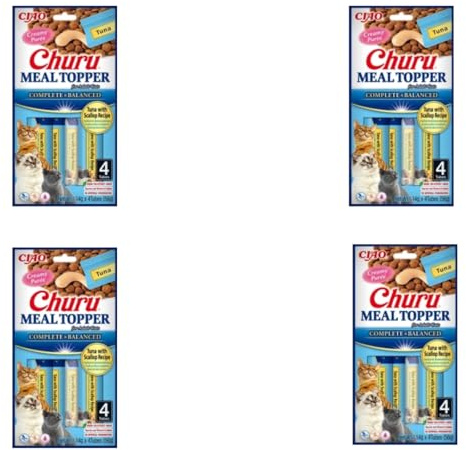 Churu Meal Topper para Gatos Pack 4 Unidades de 56g (224g). Snack Saludable para Gatos. Alimento Completo bajo en calorias. (4x4x14gr, Atun con Vieira)