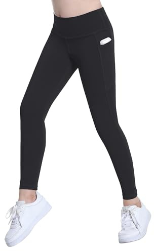 VilyR Sportleggings för flickor barn hög midja löpning yogabyxor med fickor 5-11 år, Svart, 10-11 År
