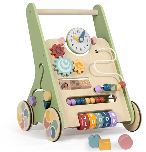 Wooden Baby Walker with Wheels, Push Walker for Baby Boy 12 Months, Baby Activity Center Sit to Stand Walker Small Size
