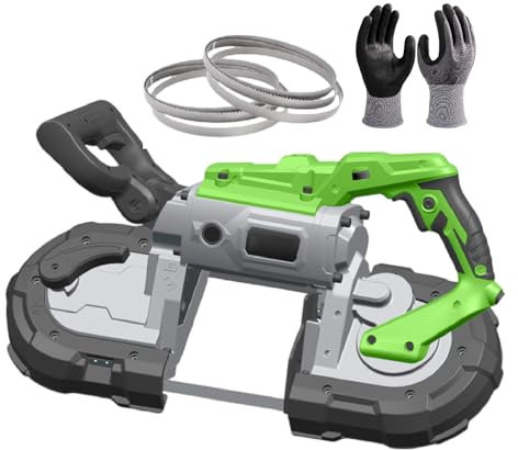 Sierra de cinta de metal portátil, potencia de 1100 W, bisel ajustable de 45°, capacidad de corte de 4.72 pulgadas, ideal para cortar acero, cobre, aluminio y tuberías, incluye guantes y hojas de